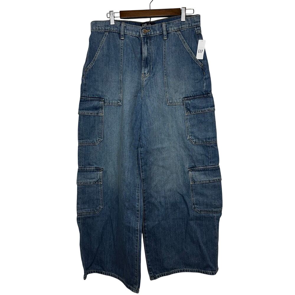 GAP Baggy Wide Leg Cargo Jeans Women’s 10/30R Medium Wash Denim NWT‎